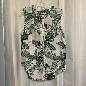 C&C California Palm Leaf 100% Linen Tank Green White Button Front Size Large